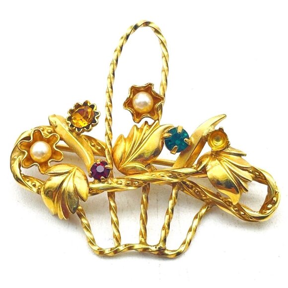 Vintage DCE Flower Basket Brooch 1/20 14k GF Rhinestones Seed Pearls READ - Picture 1 of 8